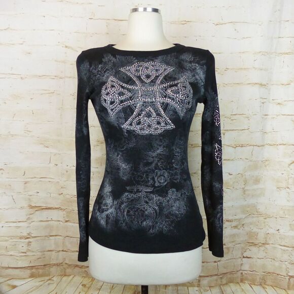 Y2K VTG Bejeweled Embellished Rhinestone Cross Thermal Top Womens XL Black Goth - Picture 3 of 12